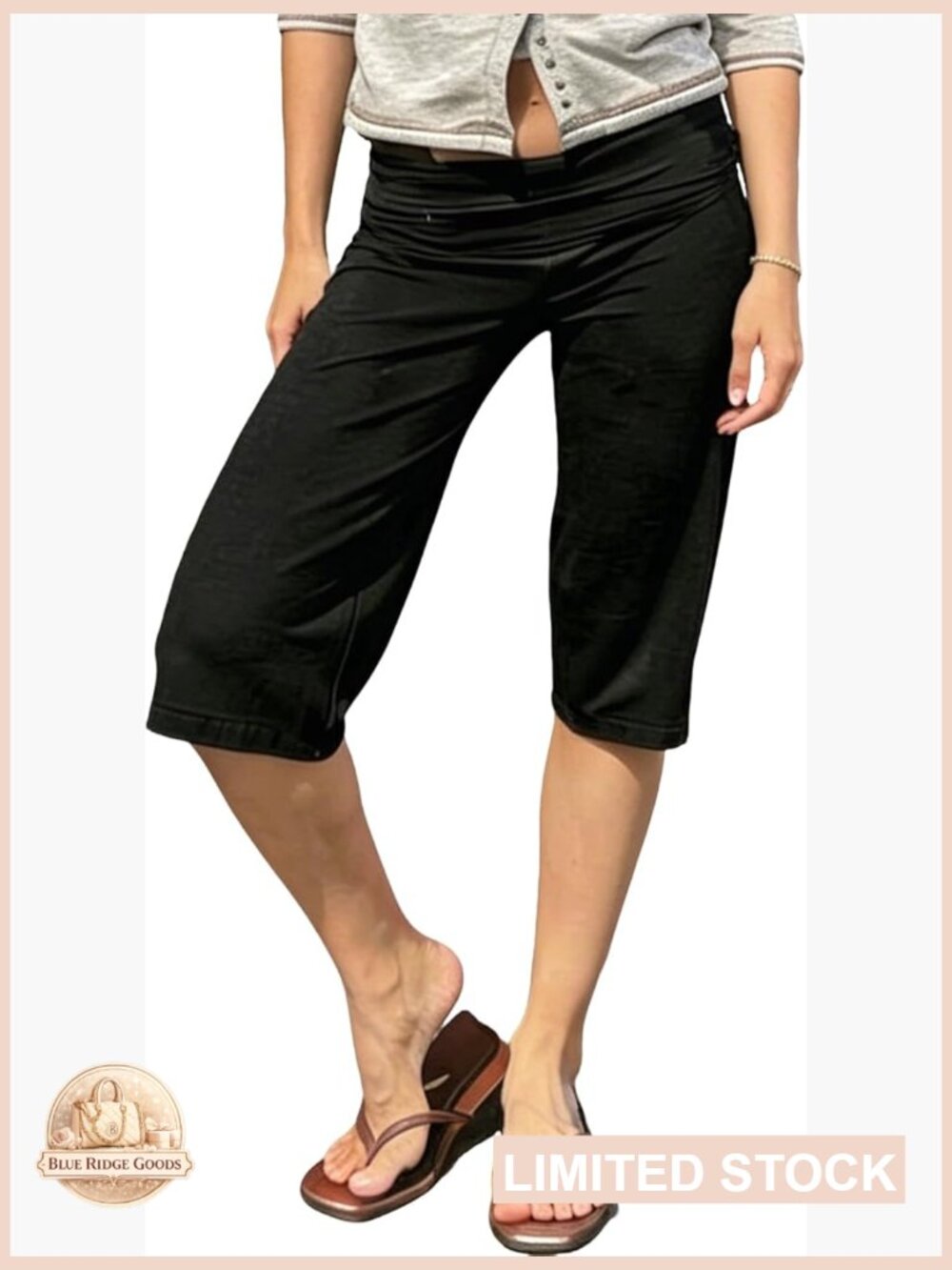 Fold Over Capri Gaucho Pants Mid-Rise Elastic Waist Loose Fit Wide Leg Casual
